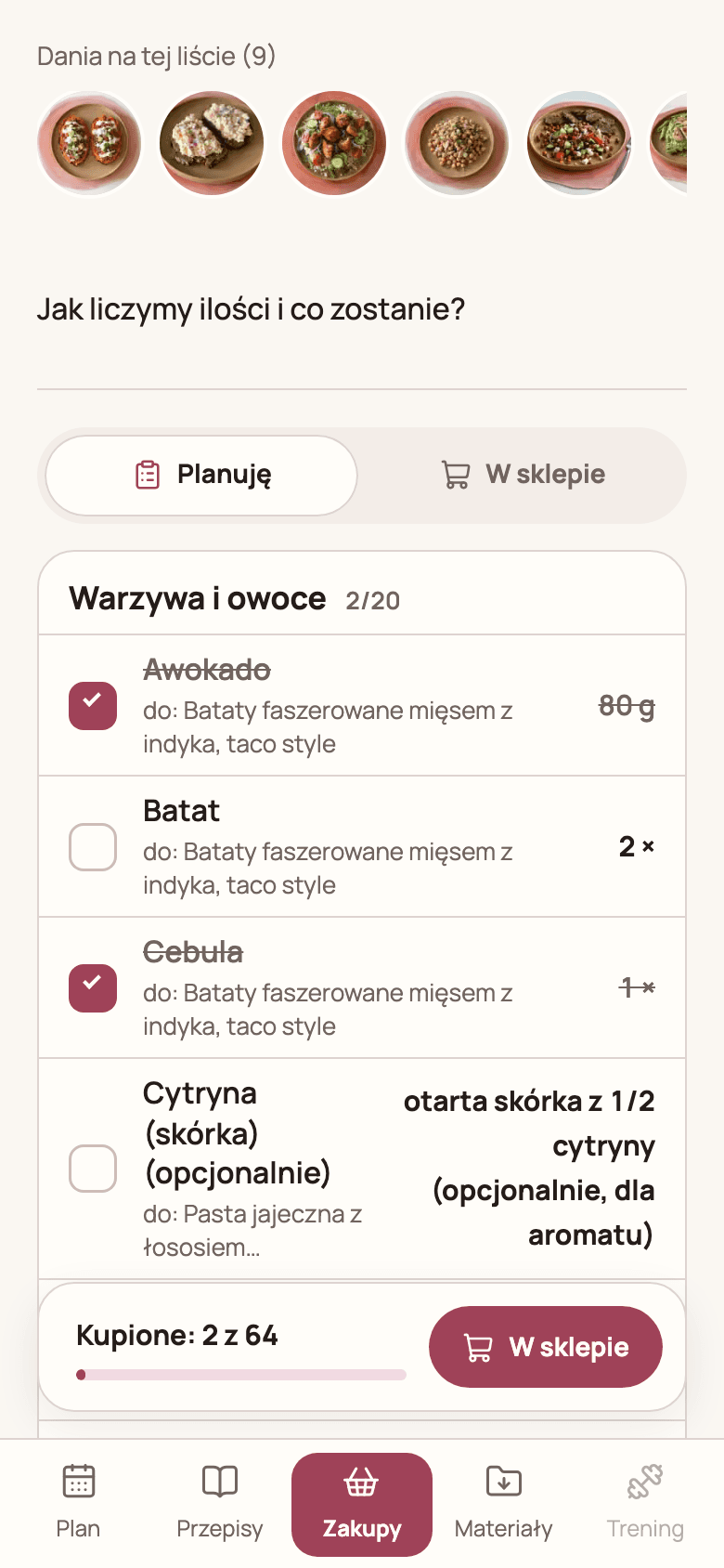 Rzeczywisty widok listy zakupów na platformie Joanasi